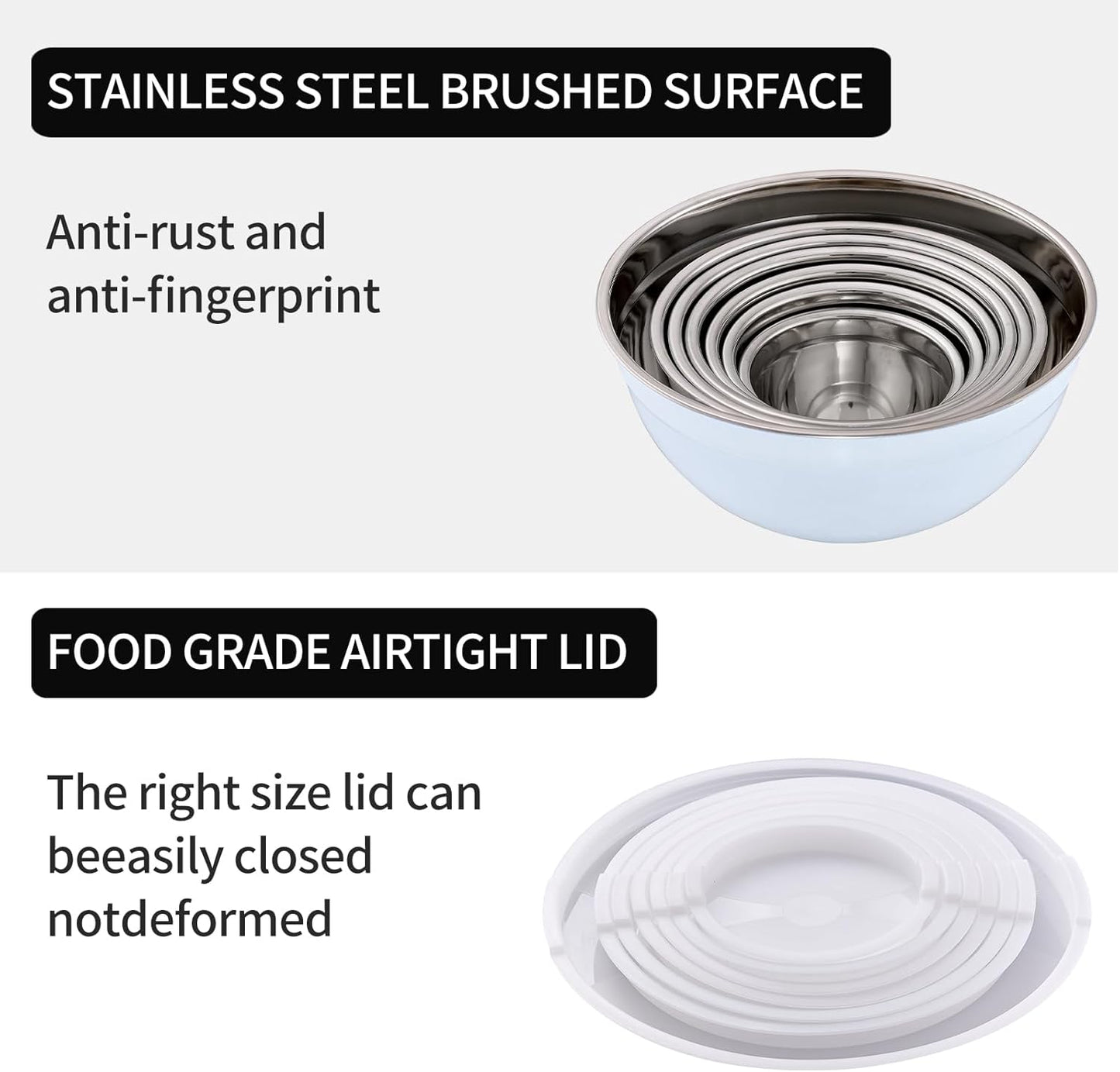 White Mixing Bowls with Lids Set of 7, Stainless Steel Nesting Bowl with Khaki Lid for Non-slip Mixing Prepping Storing Serving, 7 Sizes-7/3.6/2.7/2.1/1.5/1/0.8 QT