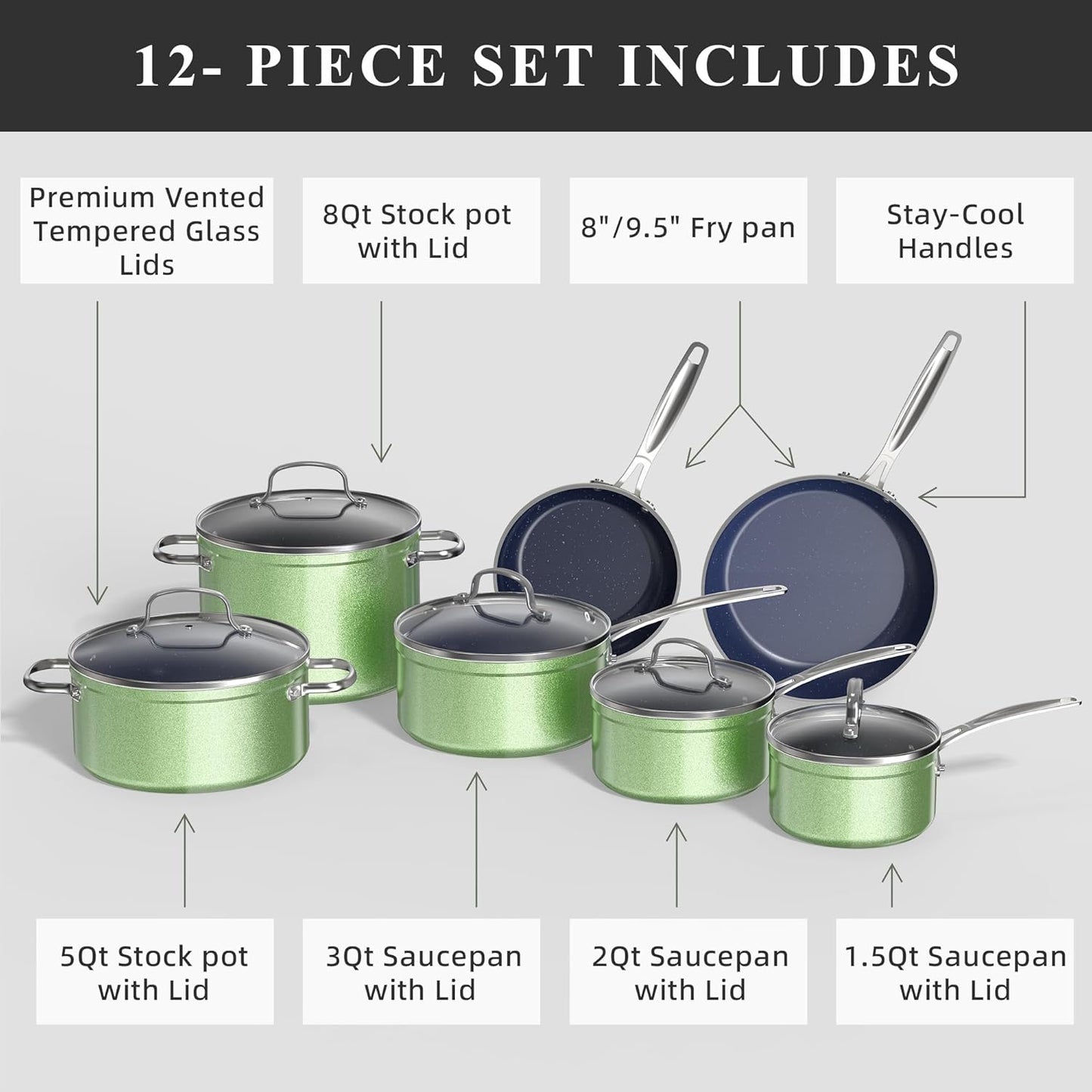 Nuwave Healthy Duralon Blue Ceramic Nonstick Cookware Set, Diamond Infused Scratch-Resistant, PFAS Free, Dishwasher & Oven Safe, Induction Ready & Evenly Heats, Tempered Glass Lids & Stay-Cool Handles