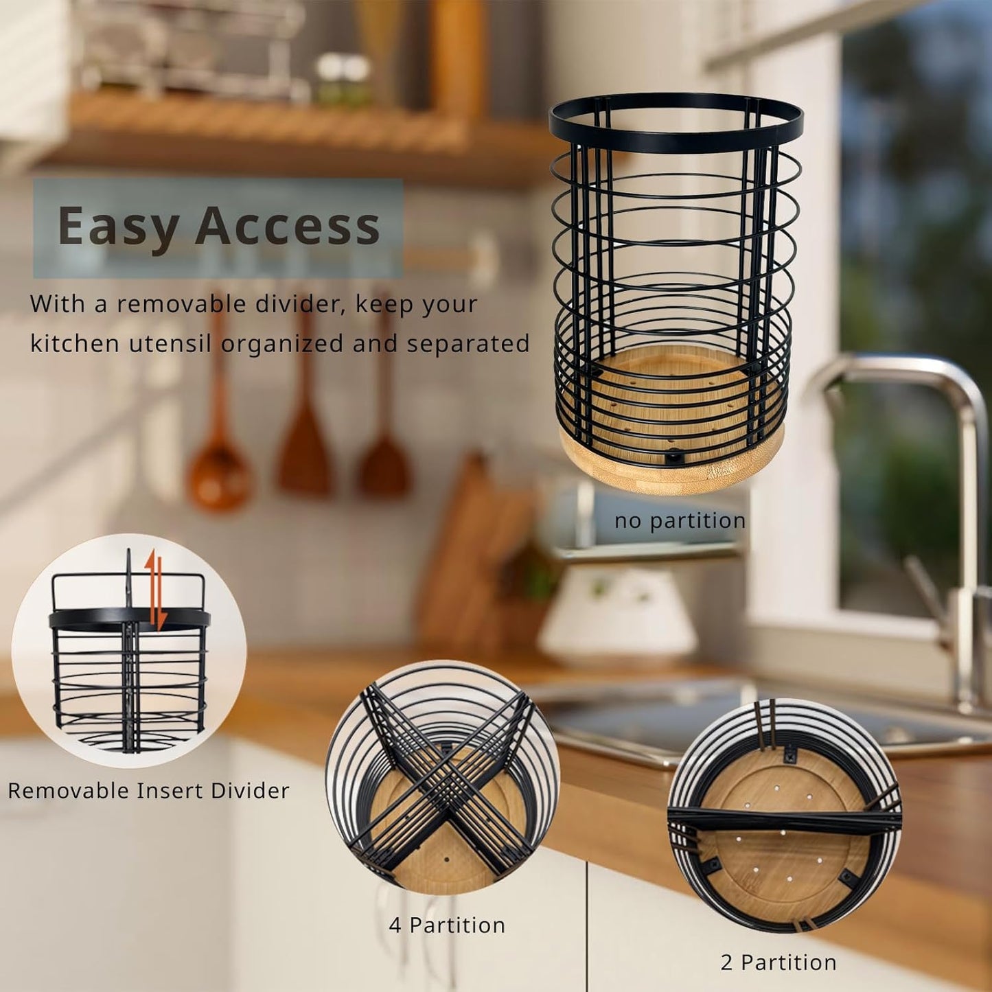 Utensil Holder with Removable Dividers, 7.2'' Large Capacity Kitchen Utensil Holder with Bamboo Base & Iron Mesh, Anti-Tip Design, 4 Partitions Utensils Holder Counter, Matte Black