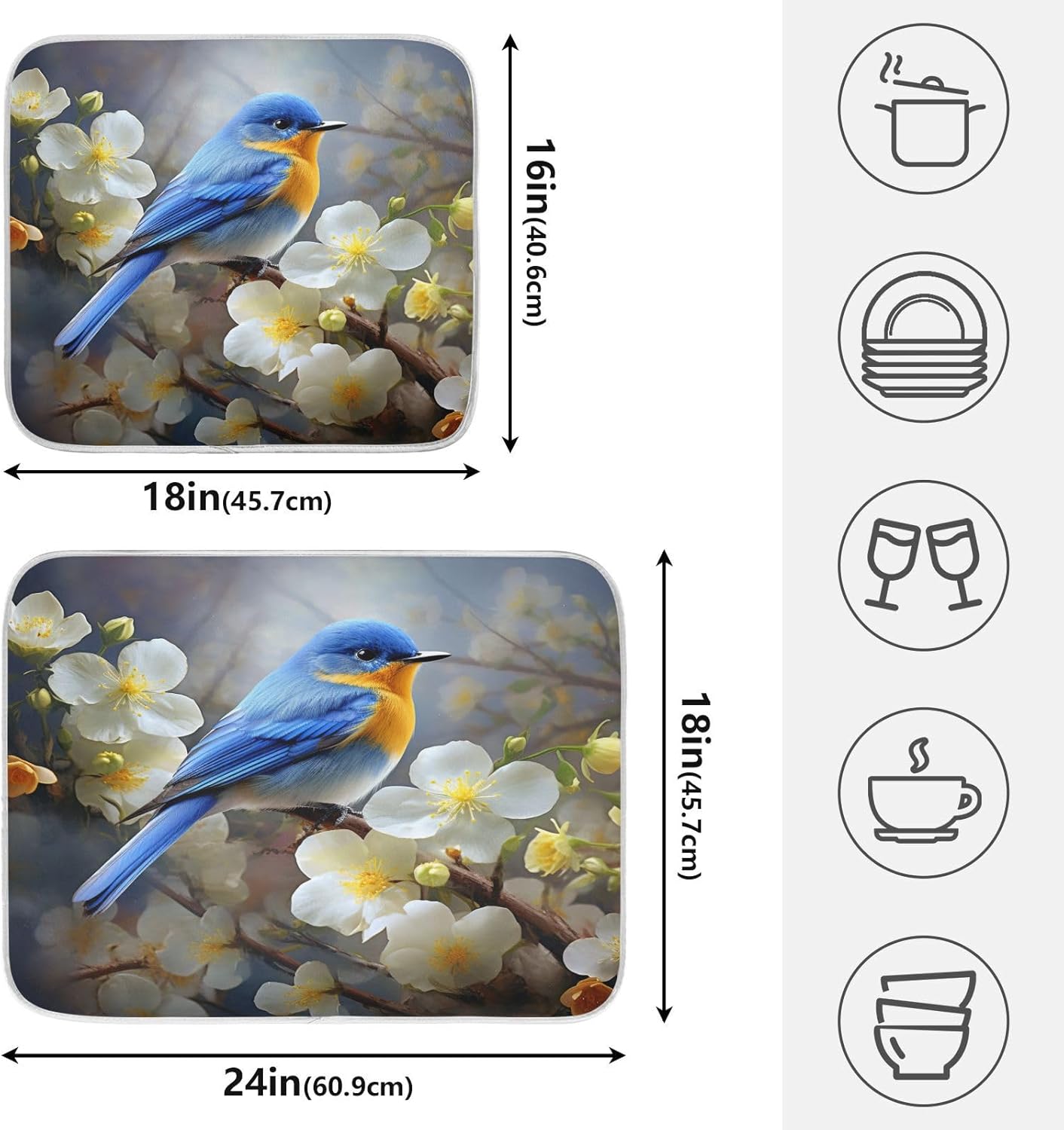 Spring Blue Yellow Flower Bluebird Butterflies Dish Drying Mat for Kitchen Counter Absorbent Microfiber Large Drying Pad Dish mats for Kitchen Countertops 18 x 24 Inch