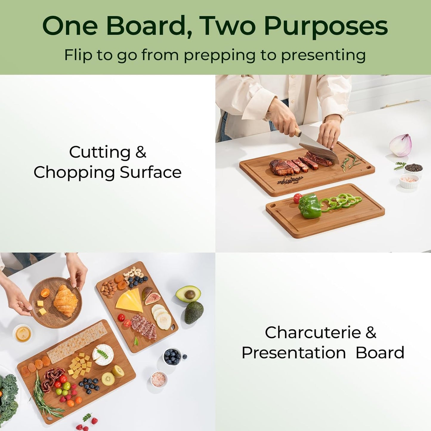 Butcher Block 2-Pcs Carbonized Bamboo Cutting Board Set With Juice Groove For Meal Prep & Cheese Serving - Ideal Kitchen Gift Set of 2 (M+L)