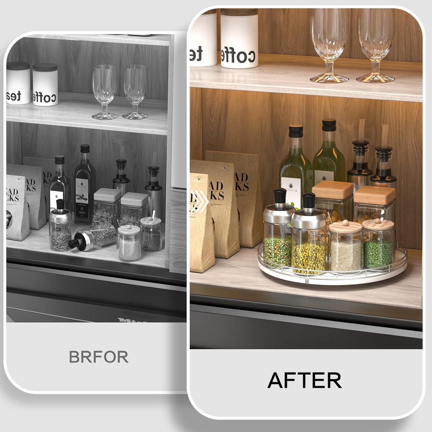 12" Oak Wood Lazy Susan Organizer, Lazy Susan for Cabinet Dining Table Pantry Wood Turntable Organizer Tray for Coffee Table Kitchen Countertop Salt Spice Can Organization and Storage Round Silver