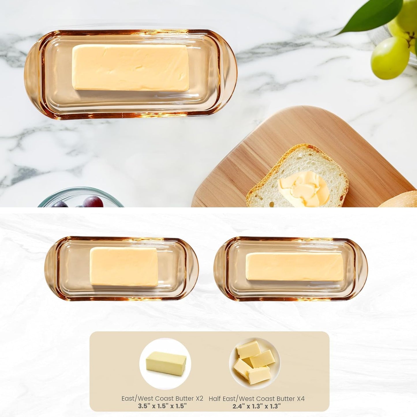 Glass Butter Dish Butter Keeper and Butter Holder for Fridge,Butter Dish with Lid for Countertop,Vintage Container for Counter,Butter Tray on Counter (Amber-7)