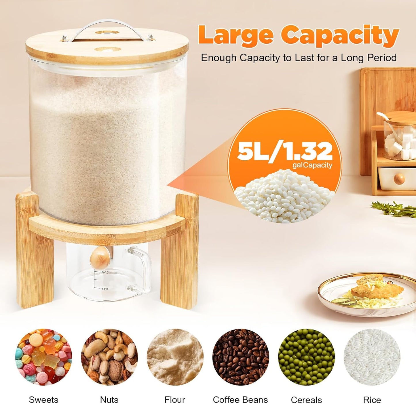Flour and Cereal Container, Rice Dispenser, Creative Glass Food Storge Container for Kitchen Organization and Pantry Store, Airtight Lid and Wooden Stand (7.5L)