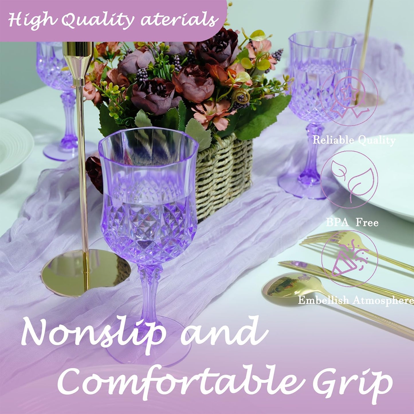 Plastic Wine Glasses，Plastic Goblets Vintage Style Cordial Drinking Glasses for Wedding Reception, Grand Event Party Supplies (48, Purple)