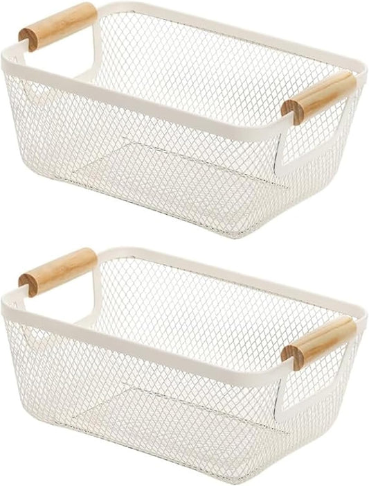 2Pack Metal Mesh Steel Basket, Small Wire Storage Organizer Basket Multi-function Hanging Kitchen Basket Fruit Basket with Wood Handle for Kitchen Picnic Cabinet Home Decor, Rectangle-Off White
