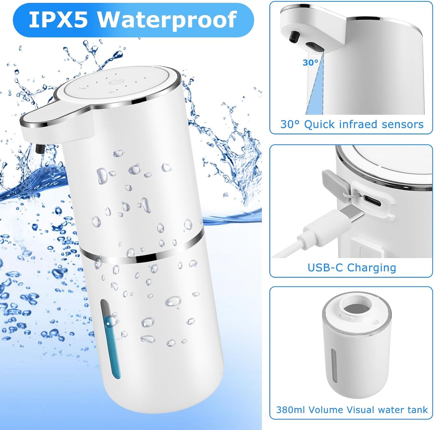 2 Pack Automatic Soap Dispenser,Automatic Liquid Soap Dispenser Touchless,12.8oz/380ml USB Rechargeabled Wall Mounted Smart Soap Dispensers for Bathroom Kitchen Dish Soap