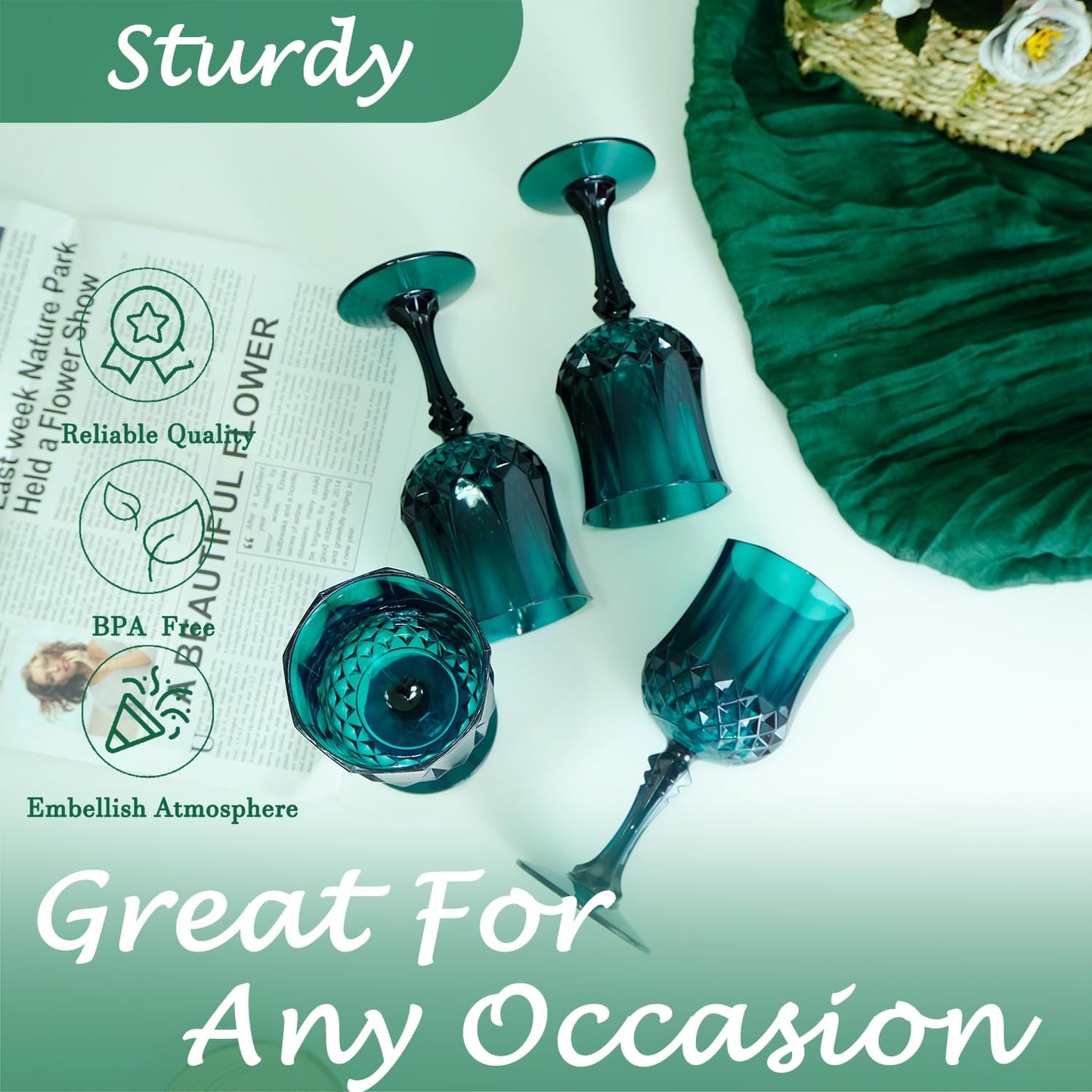 Plastic Wine Glasses，Plastic Goblets Vintage Style Cordial Drinking Glasses for Wedding Reception, Grand Event Party Supplies (24, Green)