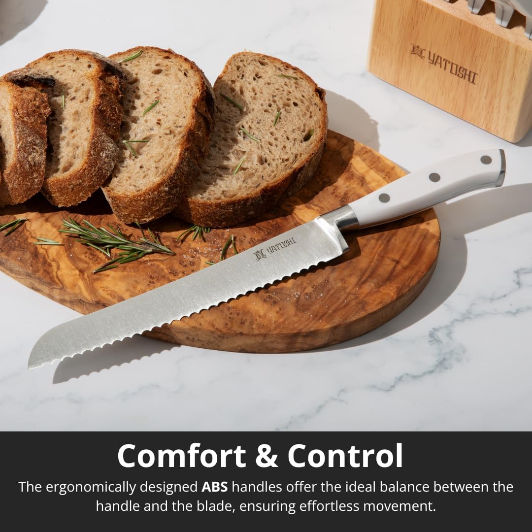 Yatoshi 15 Piece White Knife Block Set - Pro Kitchen Knife Set Ultra Sharp High Carbon Stainless Steel with Ergonomic Handle