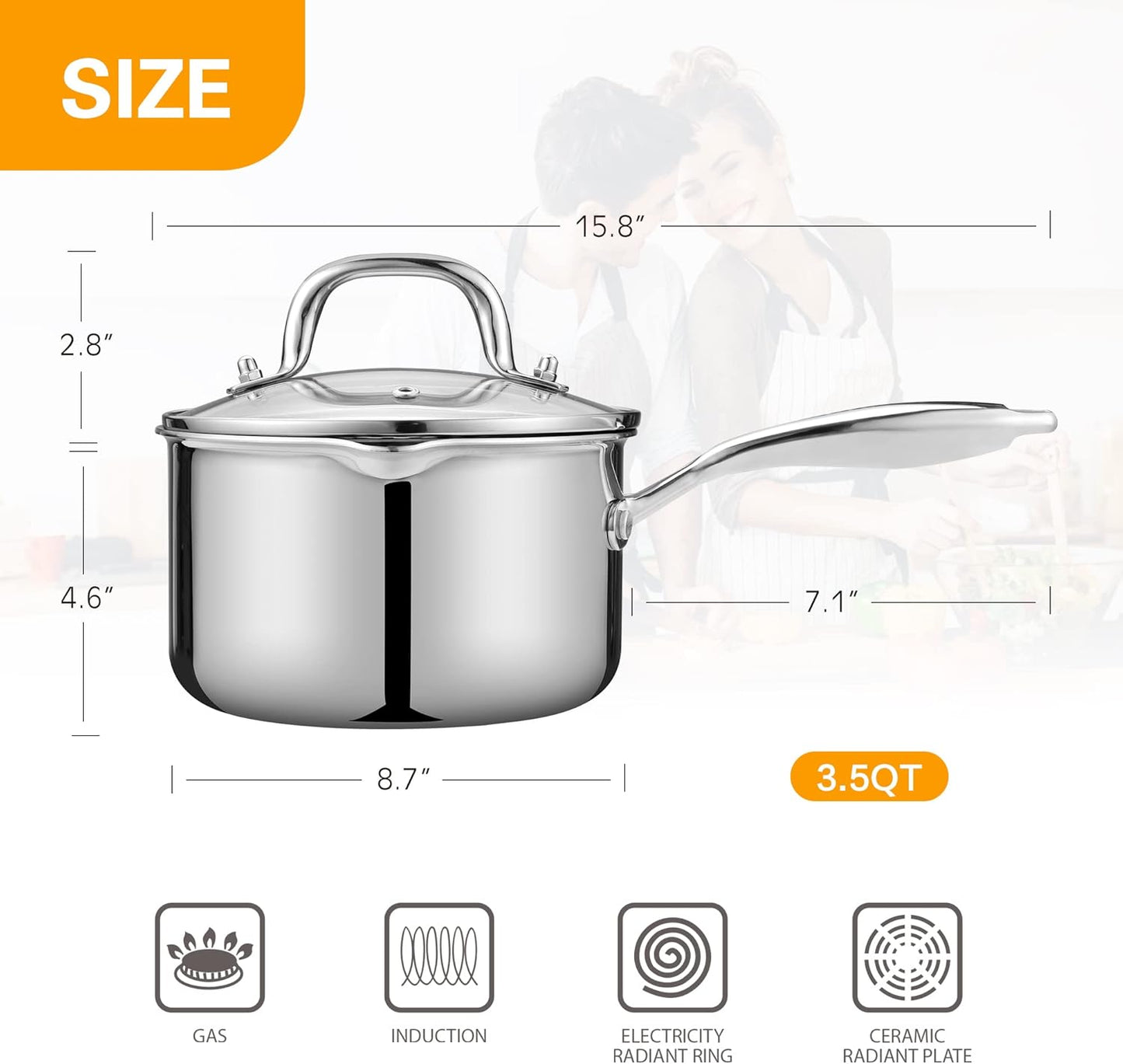 Cyrosa 3.5 Quart Stainless Steel Saucepan with Strainer Lid, Sauce Pot Sauce Pan for Stove Top, Two Side Spouts for Easy Pour, Dishwasher Safe