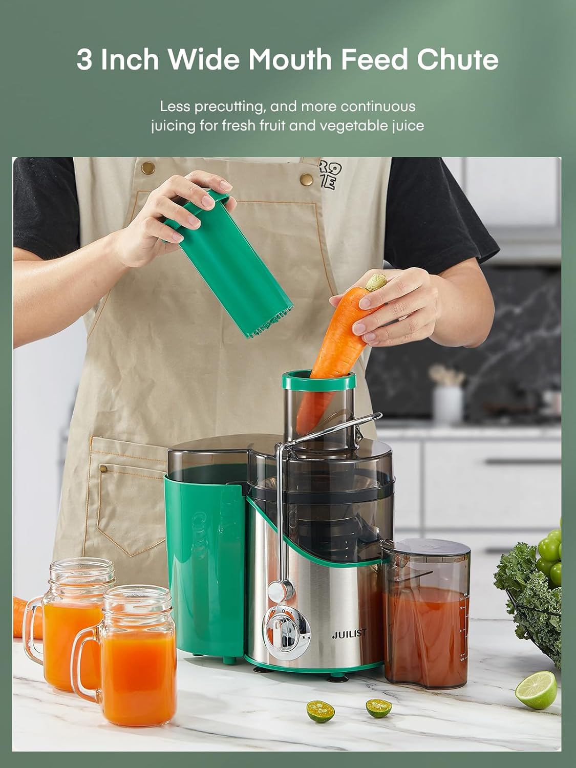 Juicer Machines, Juilist 3" Wide Mouth Juicer Extractor, for Vegetable and Fruit with 3-Speed Setting, 400W Motor, Easy to Clean, Green