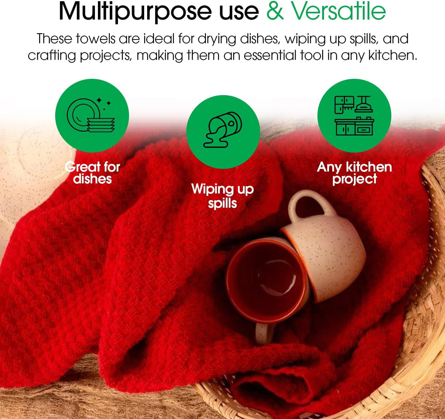 DG Collections Terry Dish Towels, 100% Cotton Kitchen Towels, Set of 8 (15x25 inch) Hand Towels - 400 GSM, Absorbent Terry Cloth Dish Towels for Kitchen, Soft Tea Towels - Red Color