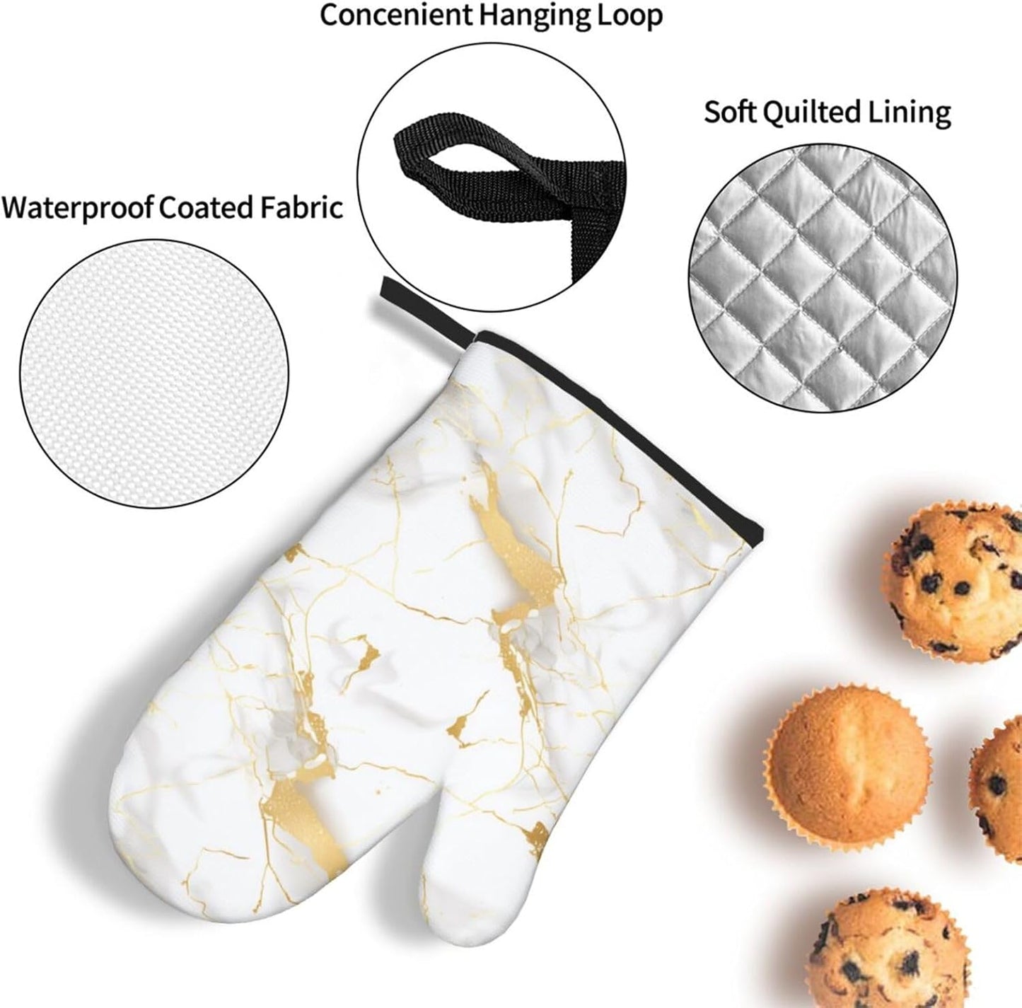 White Gold Marble Oven Mitts and Pot Holders Sets of 3 Heat Resistant Oven Gloves Hot Pads Non-Slip Kitchen Accessories for Baking Cooking Grilling BBQ