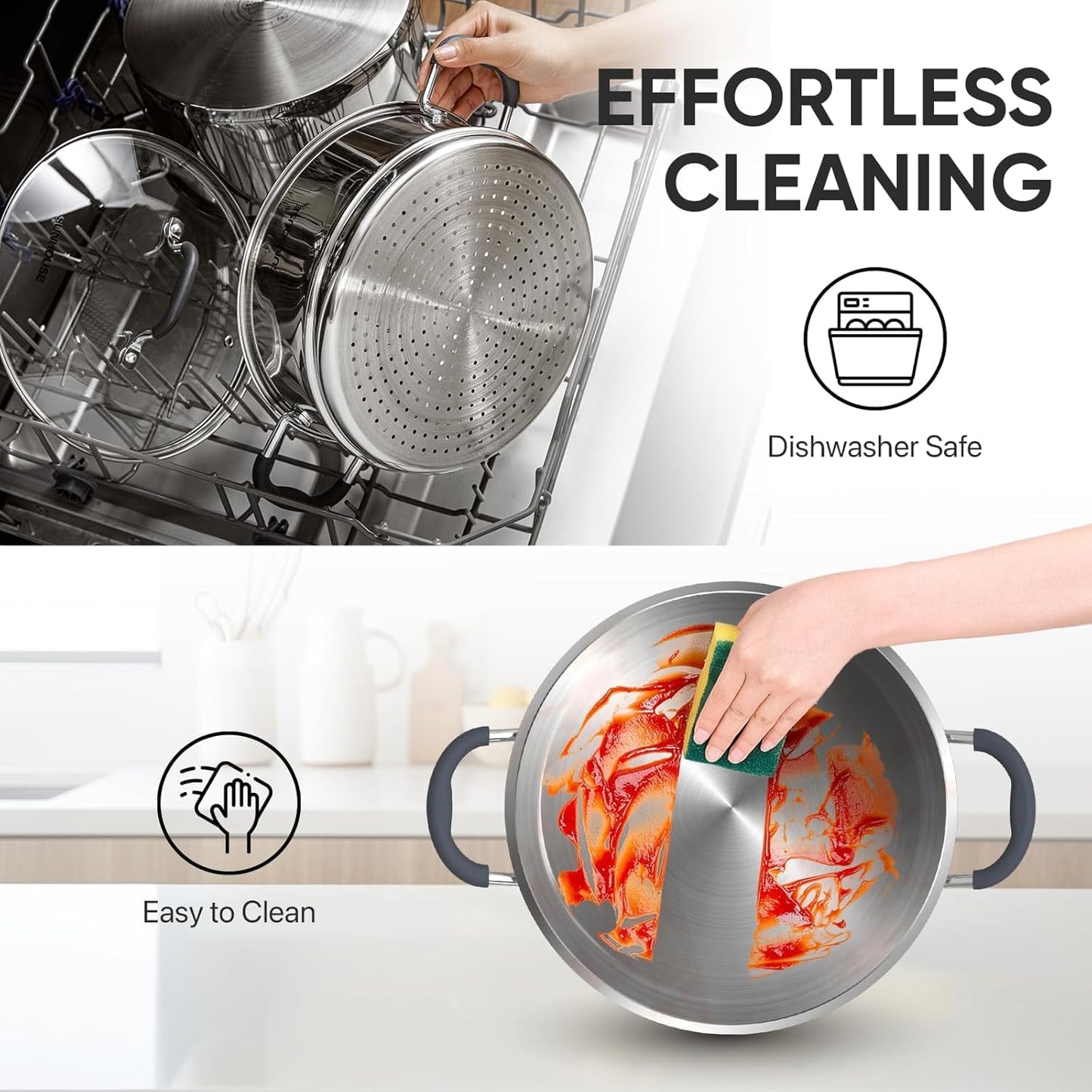 Sunhouse - 4.6 Quarts Steamer Pots With Lid 2-Tier Multipurpose Stainless Steel Steaming Pot Cookware For Vegetable, Dumpling, Sauce, Food - Triple Bottom, Measurement Line