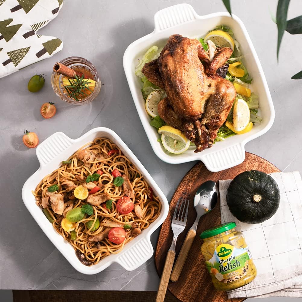 Sweejar Ceramic Baking Dish, 9 x 9 Cake Baking Pan for Brownie, Porcelain Square Bakeware with Double Handle for Casserole, Lasagna, Family Dinner (Navy)