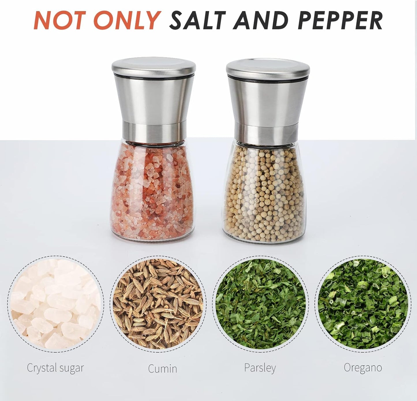 Salt and Pepper Grinder Set - Refillable Grinder Adjustable Coarseness of Pepper Salt Spice Stainless Steel Mills Glass 6oz（2 Pack）