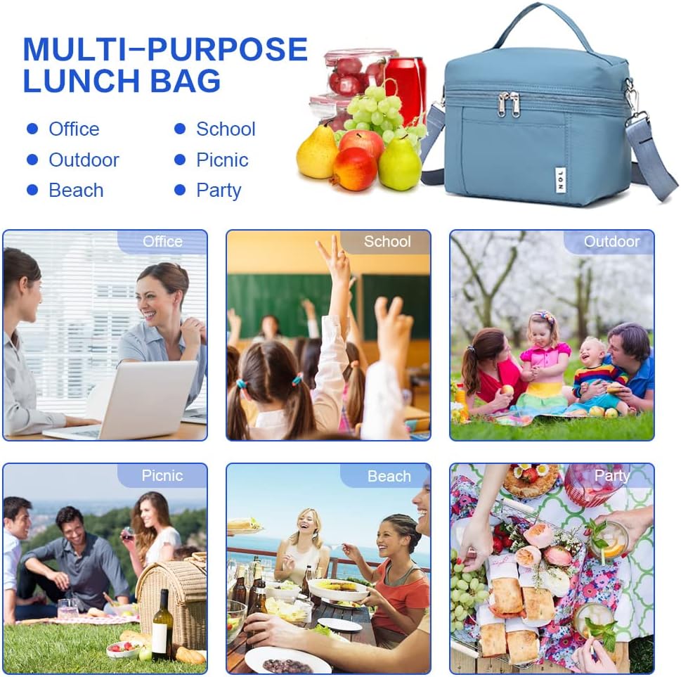 NOL Natural Organic Lifestyle Small Insulated Lunch Bags for Women Cooler Bag Lightweight Nylon Waterproof Lunch Box For Work (Small, Dusty blue)