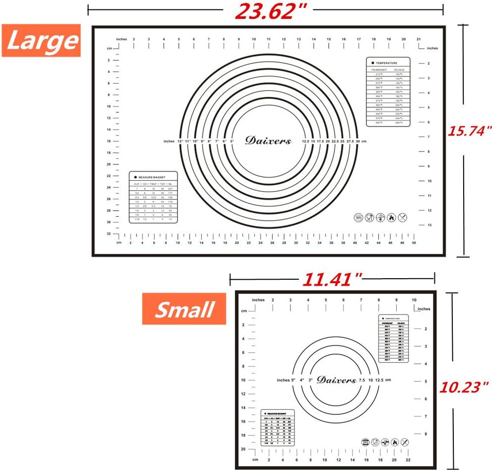 Silicone Baking Mats Set of 2,Large 23.62" x 15.74" Small 11.41" x 10.23",Non Stick Non Skid Pastry-Mat with Measurements (Black)