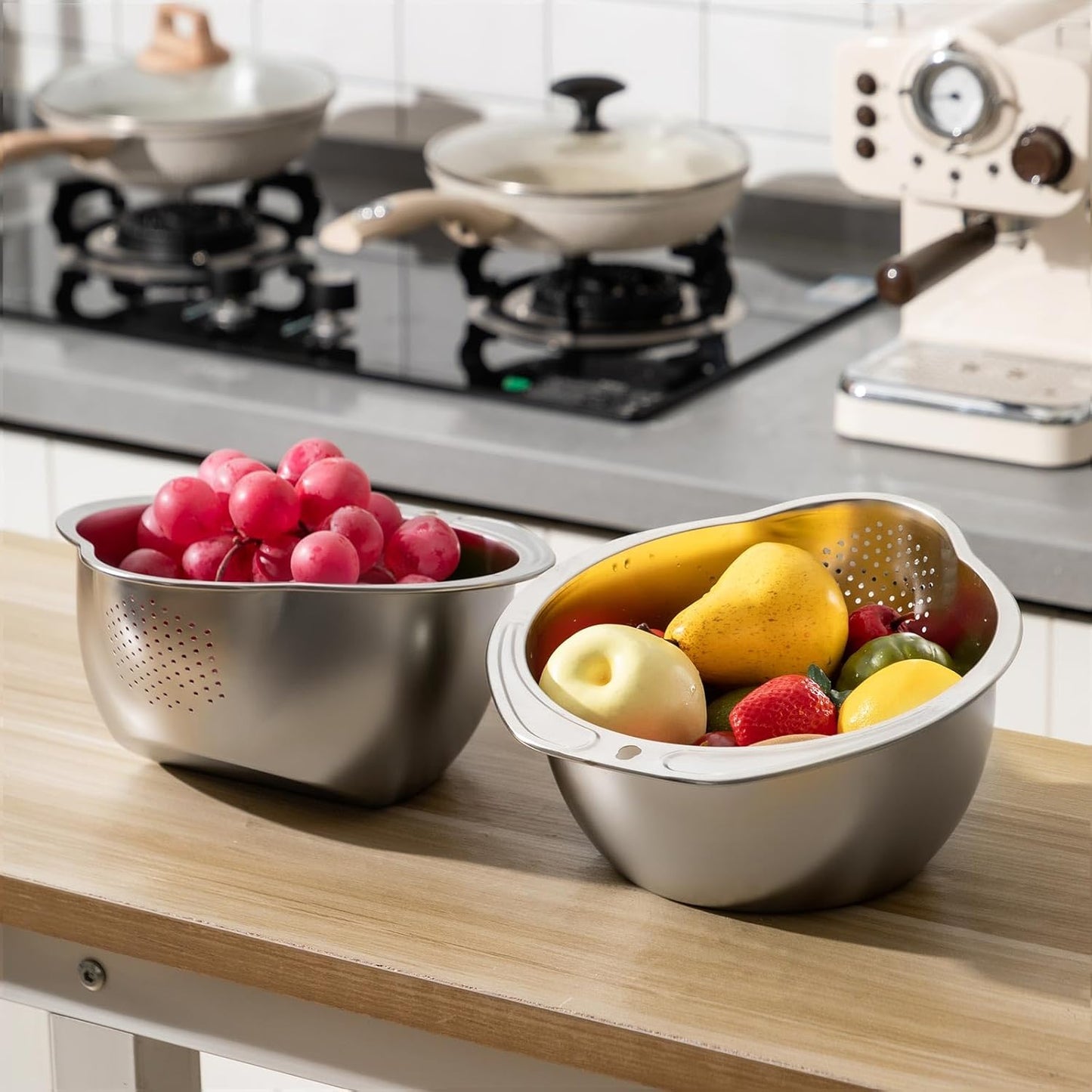 2 Pcs Rice Washer Strainer Bowl 4-in-1 Washing Bowl for Quinoa, Stainless Steel Rinser with Side Drainers Small Colander for Cleaning Fruits, Vegetables, and Beans - Versatile Kitchen Tool