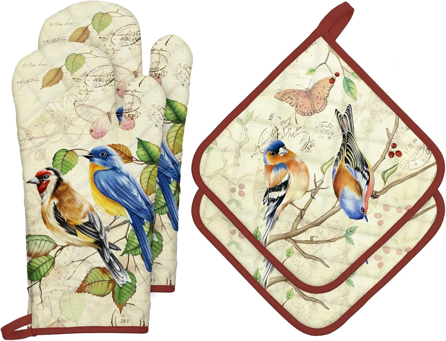 Vintage Bird Oven Mitts and Pot Holders Sets 2Pcs, 100% Cotton Heat Resistant, Extra Long Oven Gloves Potholder for Kitchen Cooking Baking Decoration