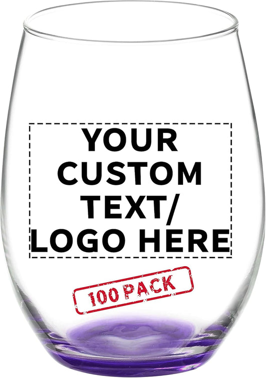 DISCOUNT PROMOS 100 ARC Stemless Wine Glasses Set, 21 oz. - Customizable Text, Logo - Chardonnay, Cabernet, Merlot, Sauvignon - Purple