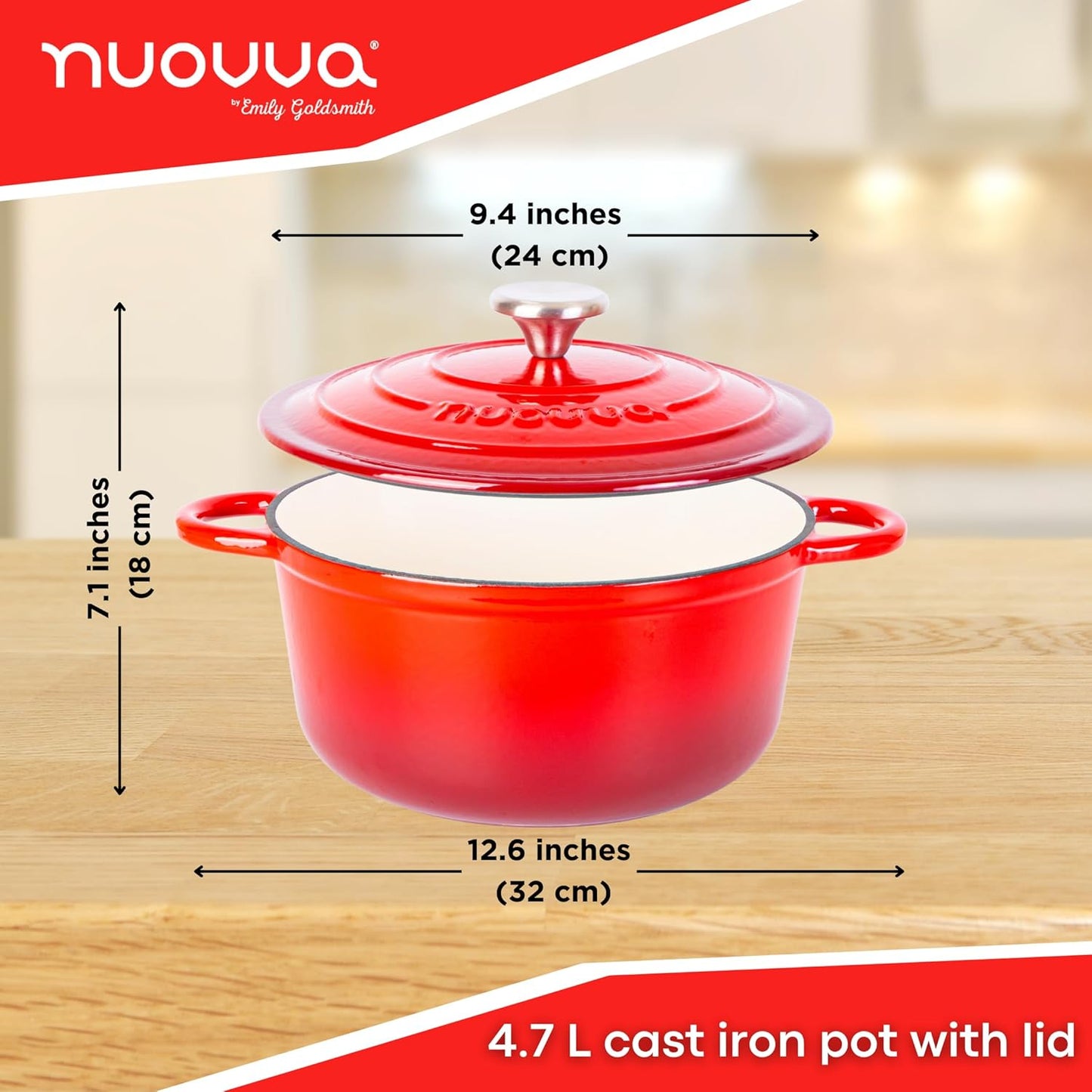 Cast Iron Pot with Lid – Non-Stick Ovenproof Enamelled Casserole Pot, Oven Safe up to 500° F – Sturdy Dutch Oven Cookware – Red, 5-Quart, 24cm – by Nuovva