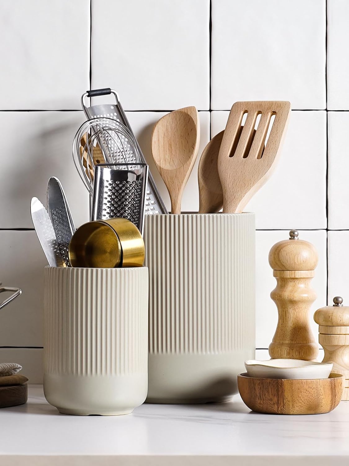 LE TAUCI Utensil Holder, 7.3"+5.4" Ceramic Kitchen Utensil Holder for Countertop, Large Cooking Utensil Crocks for Kitchen Counter, Modern Utensil Organizer for Spatula, Set of 2, Oatmeal Greige