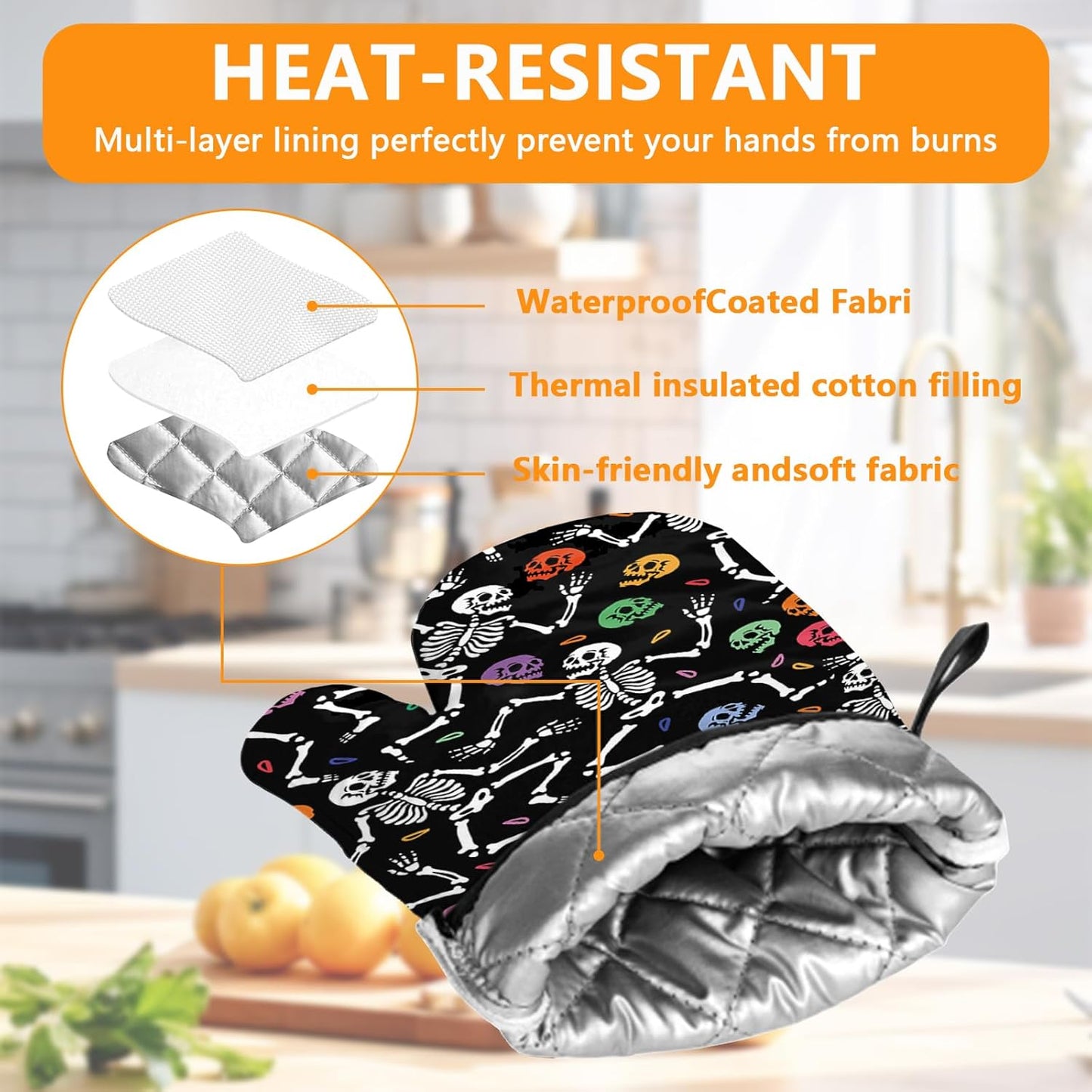 Skeleton Oven Mitts and Pot Holders Sets 4Pcs,Extra Long Oven Gloves Potholder for Kitchen Cooking Baking BBQ 100% Cotton Heat Resistant