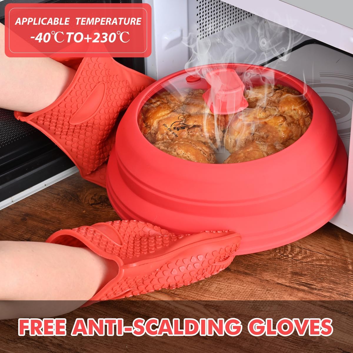 Microwave Splatter Cover Glass with Collapsible Silicone for Food Cover Plate Cover 10.8 inch with Anti-Scalding Gloves