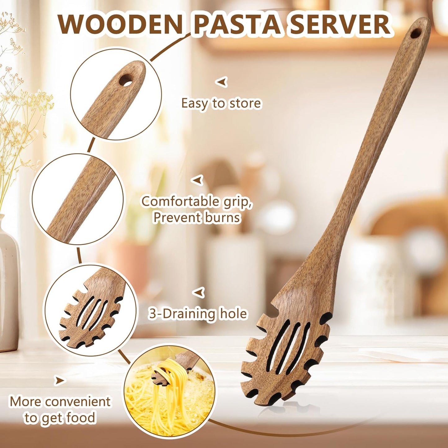 Baderke 2 Pcs Wooden Pasta Spoon with Teeth Large Spaghetti Spoon Utensil, 9.4'' Pasta Tong and 13'' Pasta Fork with Handle, Comfortable Grip Design Server Spoons for Kitchen Spaghetti Noodle