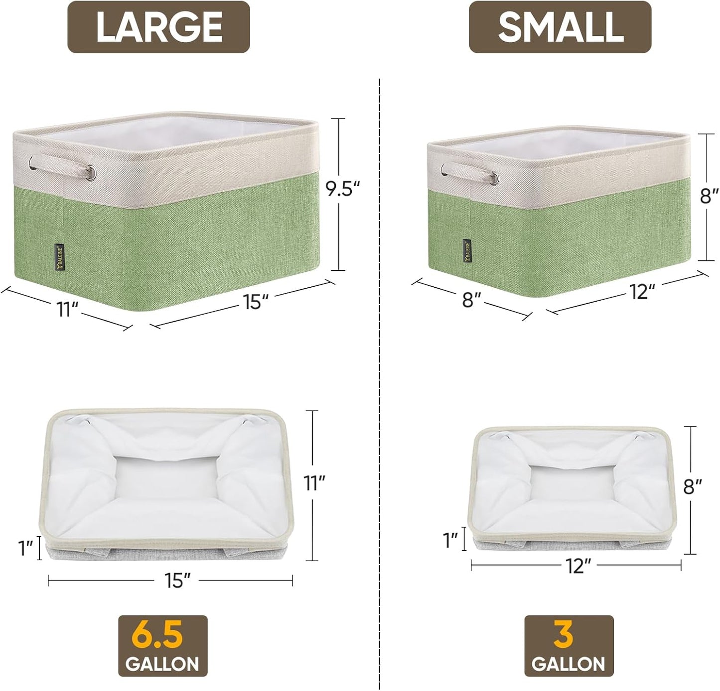 BALEINE 3 Pack Fabric Storage Bins for Shelves, Linen Storage Baskets for Organizing, Decorative Closet Bins for Clothes, Home (Green, 15''x11''x9.5'')