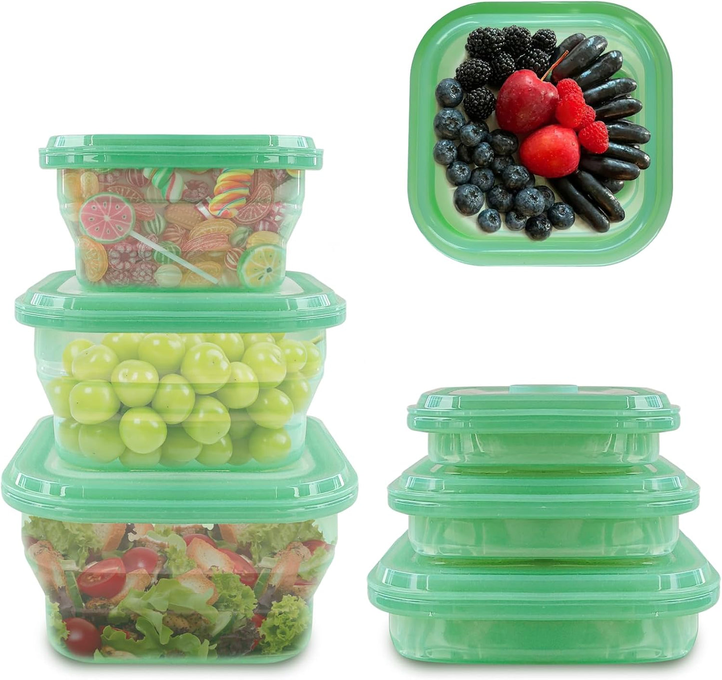 KVK 6 Pack Collapsible Food Storage Containers, Silicone Food Storage Containers With Lids, Green Reusable Collapsible Bowls For Camping, Outdoor Hiking Travel Storage and Mixing