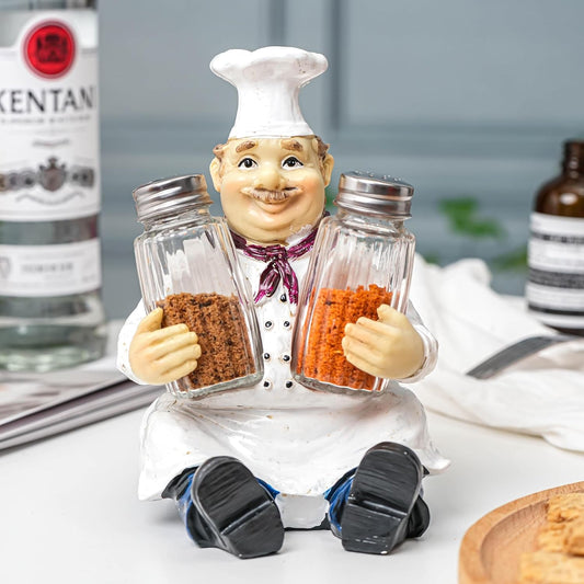 Rustic Spice Dispenser Shaker Holder with Glass Spice Jars - Salt And Pepper Dispenser with Resin Chef Figurine And Statues Holder - Farmhouse Kitchen DéCor