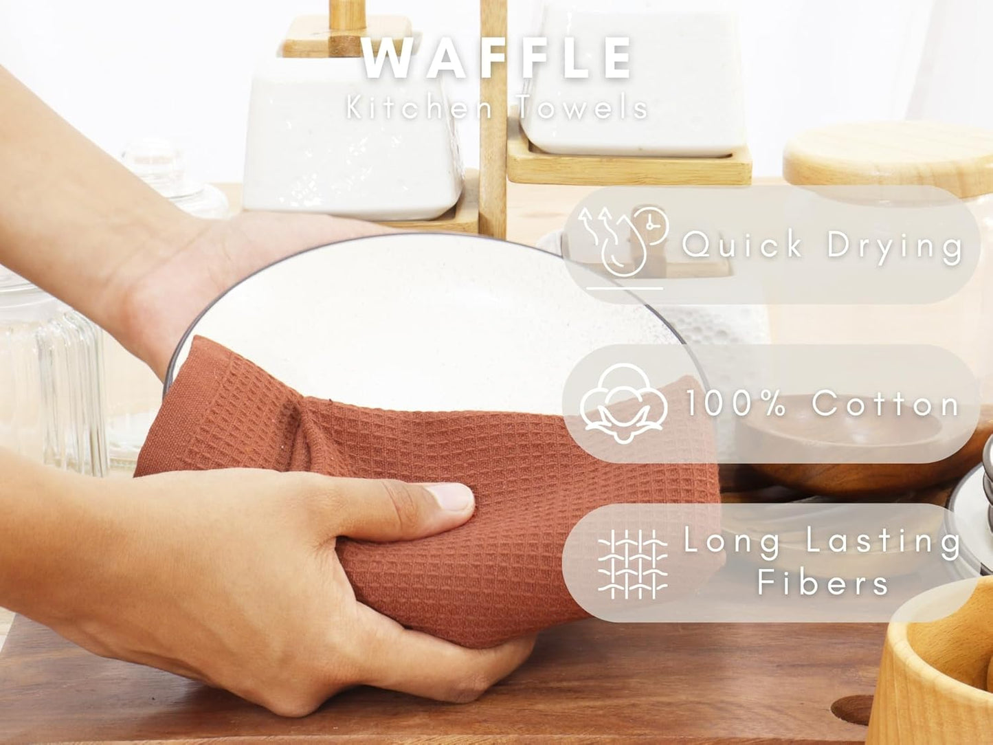 PurpleEssences Rust Waffle Weave Kitchen Towel, 100% Cotton - 15 x 25 Inches, with Hanging Loop Ultra Soft Absorbent Quick Drying Dish Cloth, Tea and Hand Towels, 6 Pack - Spring Summer - Rust