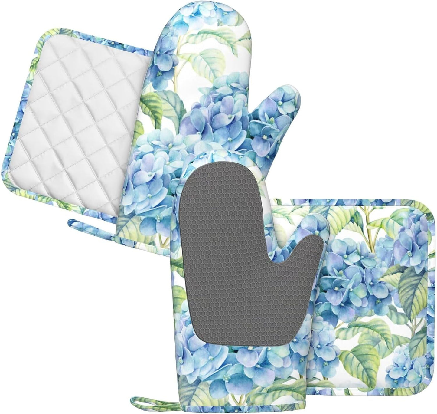 Blue Hydrangea Flowers Watercolor Oven Mitts Pot Holders Set Silicone Kitchen Oven Mitts Heat Resistant Potholders Non-Slip 4pcs Hot Pads and Oven Gloves Sets for Baking,Cooking,BBQ,Grilling