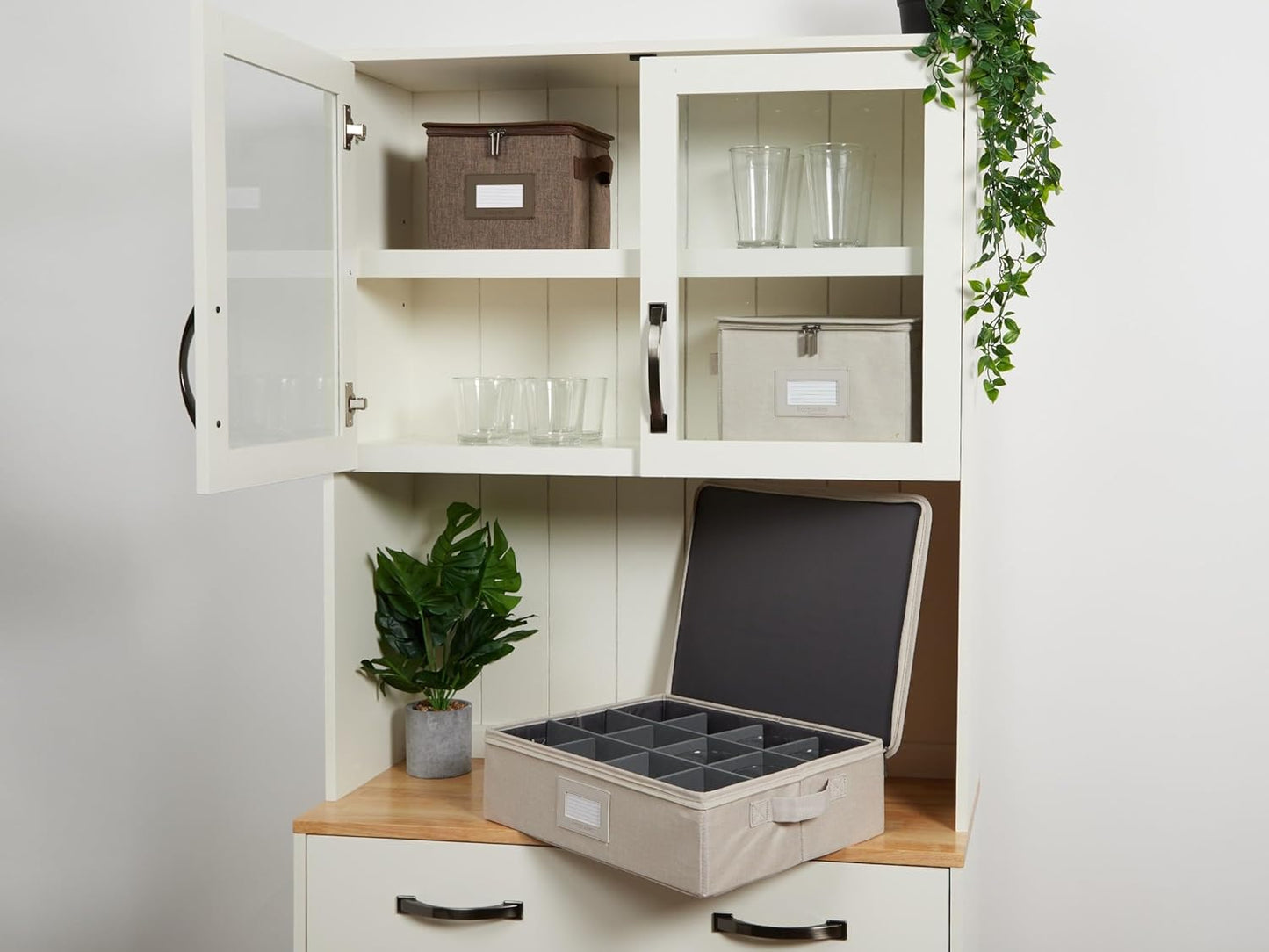 Covermates Keepsakes Dish Storage Box - Stackable, Reinforced Handles, China Storage, Beige Heather