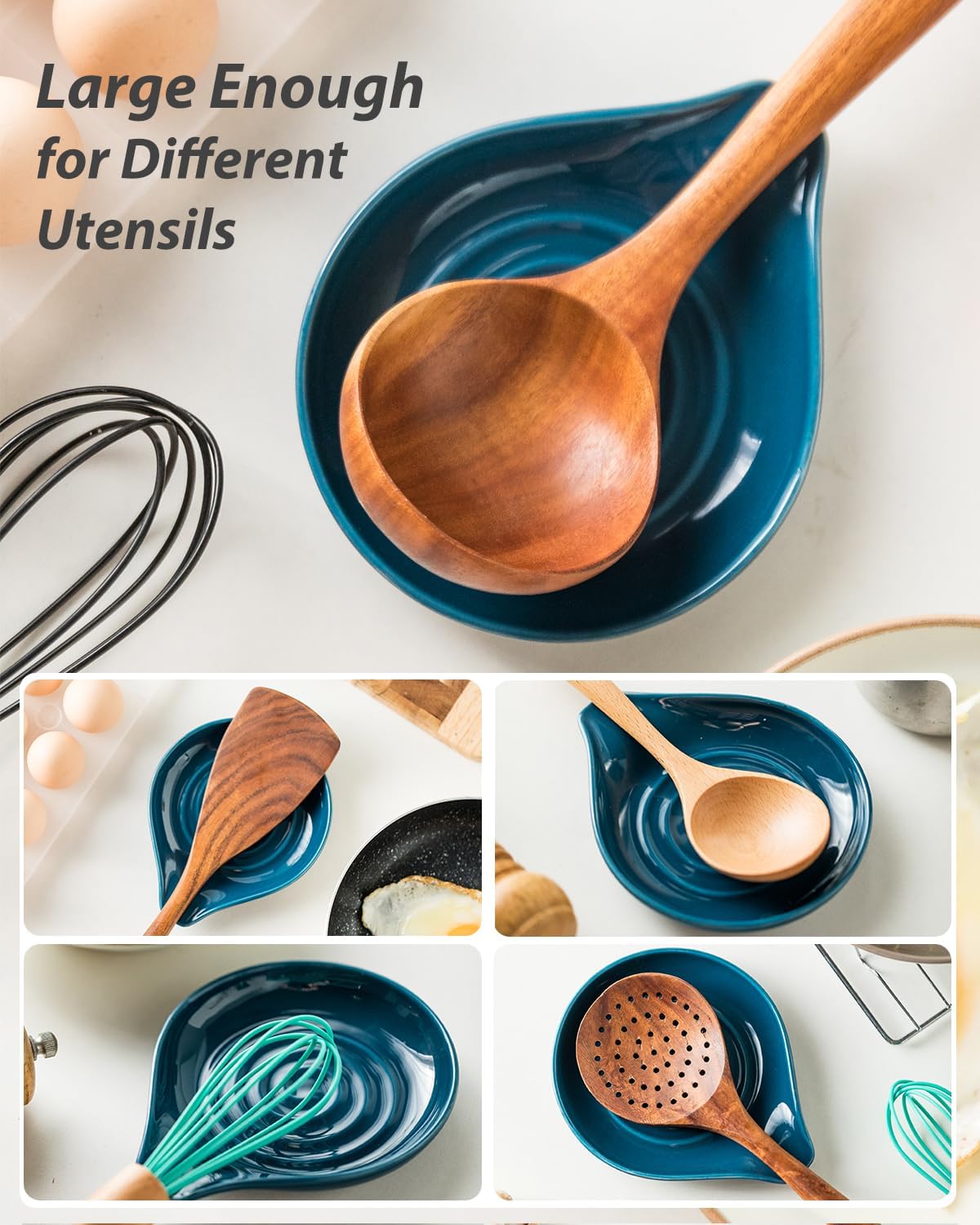 LAUCHUH Spoon Rest for Stove Top, Ceramic Spoon Holder for Kitchen Counter Large Spatula Holder for Spoons, Ladles, Tongs, Christmas Decor, Set of 2, 5 inch, Blue