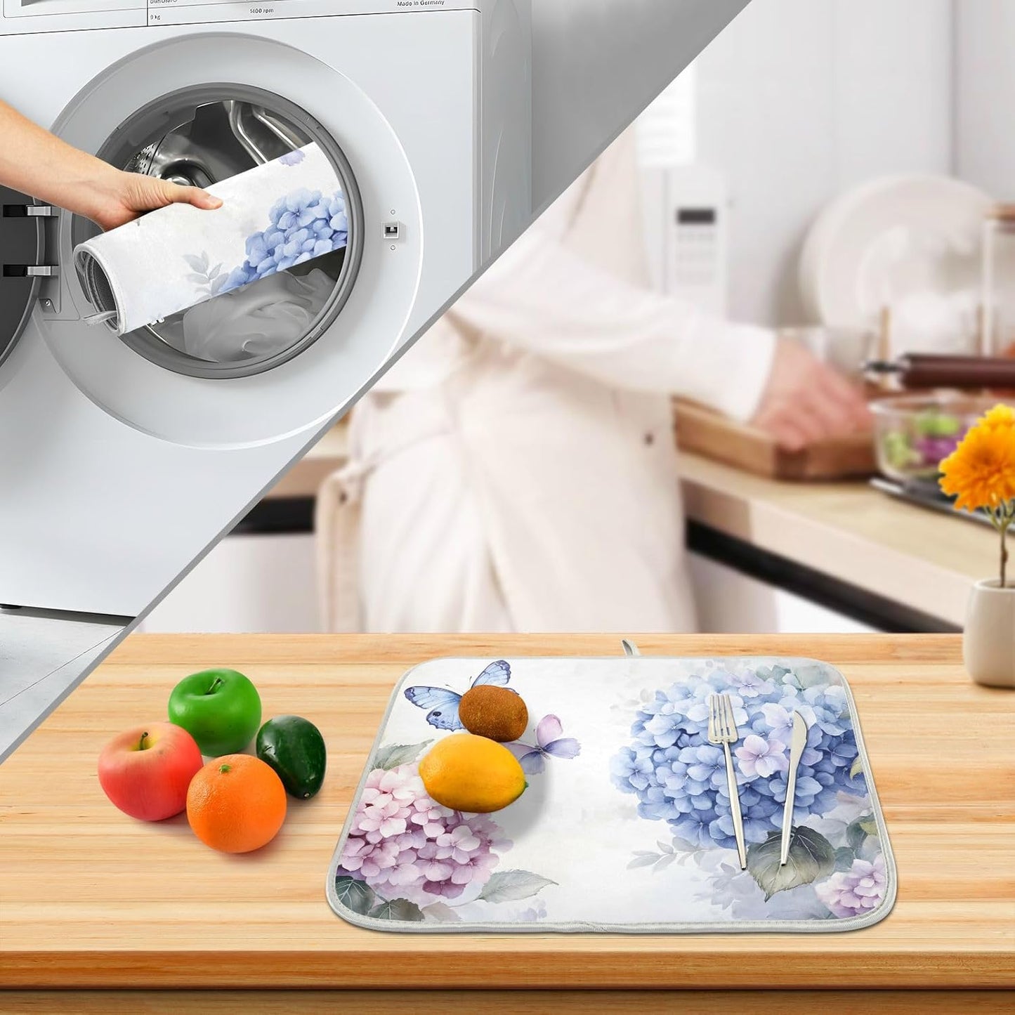 Blue Pink Hydrangea Spring Floral Dish Drying Mat for Kitchen Counter Absorbent Microfiber Large Drying Pad Dish mats for Kitchen Countertops 18 x 24 Inch