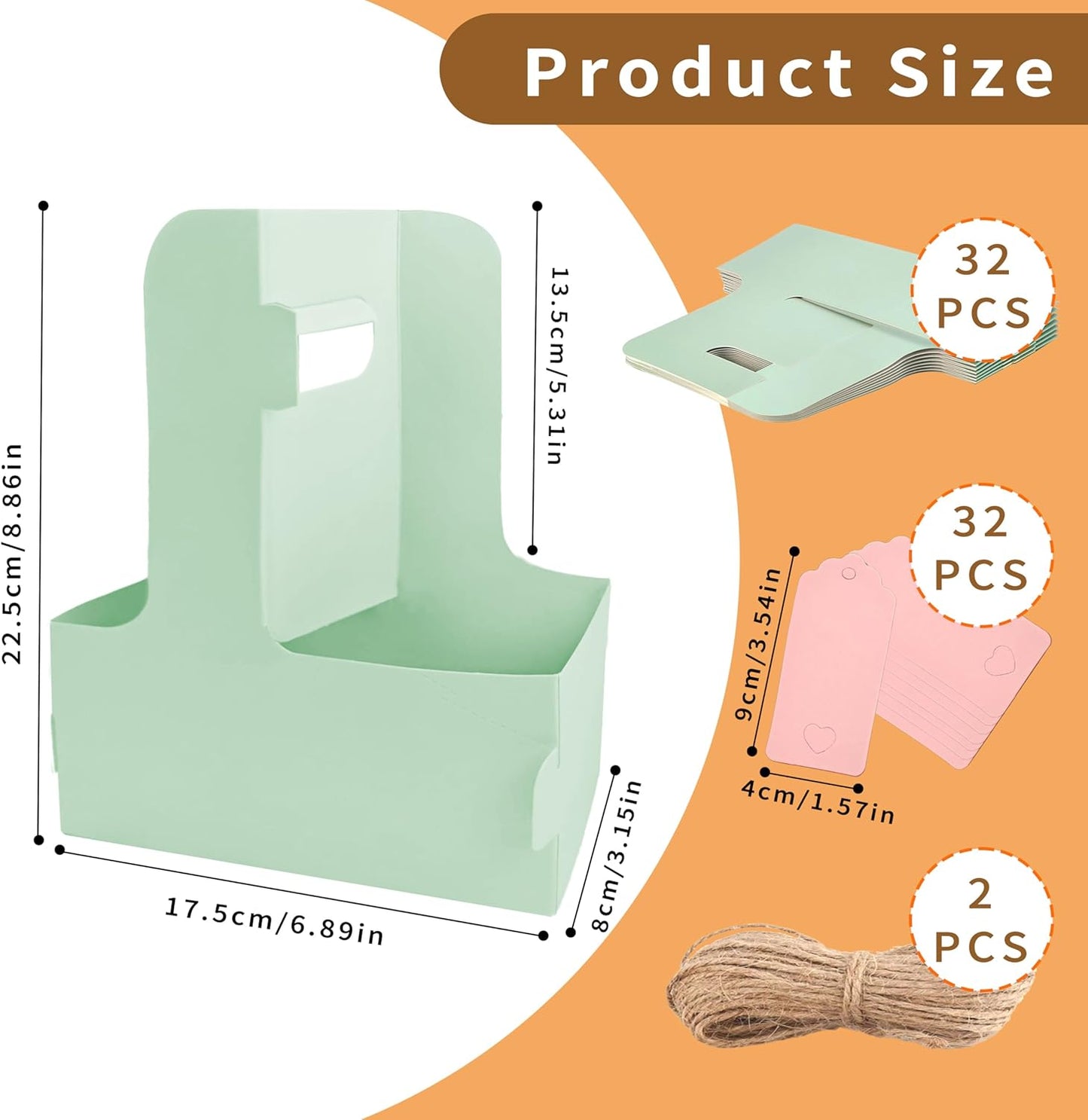 2 Cup Drink Carrier,32 Pack Coffee Cup Holders with Handle,Cardboard Cup Holders for Hot or Cold Drinks,Coffee Carrier with Ribbon and Card,Food Delivery Services and Bouquet(Green)