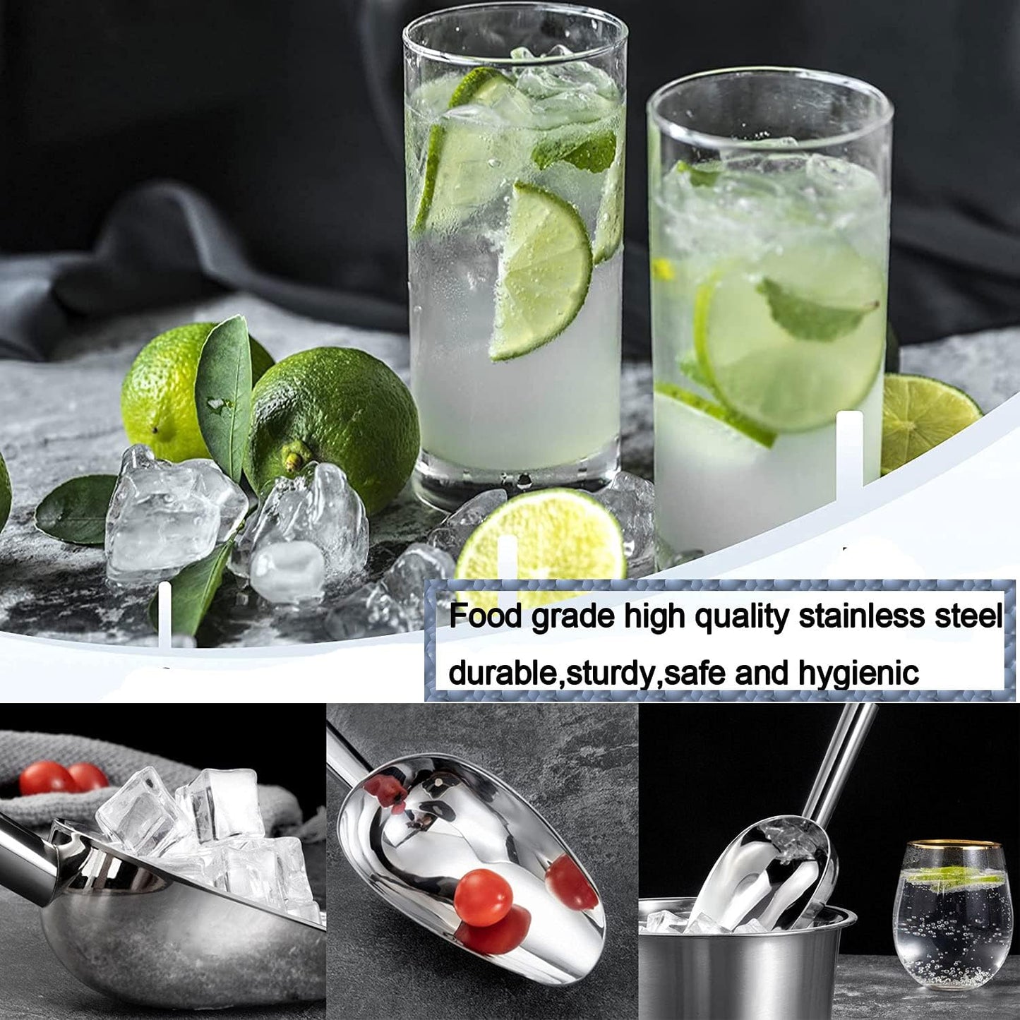 Ice Scoop,12OZ Ice Scoop For Multi-Purpose Use,Stainless Steel Metal Food Scoop Kitchen Restaurant Bar Party Wedding Ice Machine Heavy Duty, Scoops for Household Purposes,Silver(B)