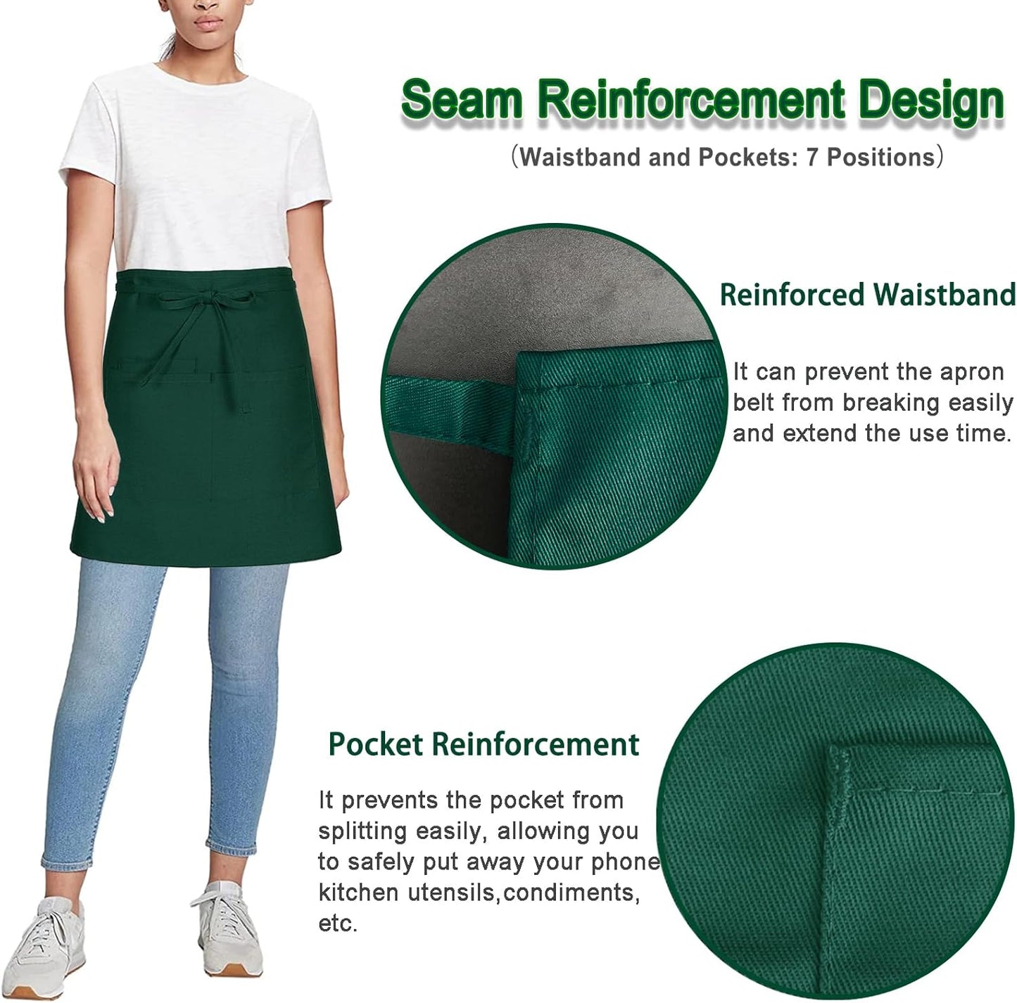4 Pack Short Server Waitress Chef Apron, Green Waist Aprons with 3 Pockets for Women Men, Half Apron for Waiter Cooking Dishwashing Cleaning Painting Gardening Barbecue (Polycotton - Green)