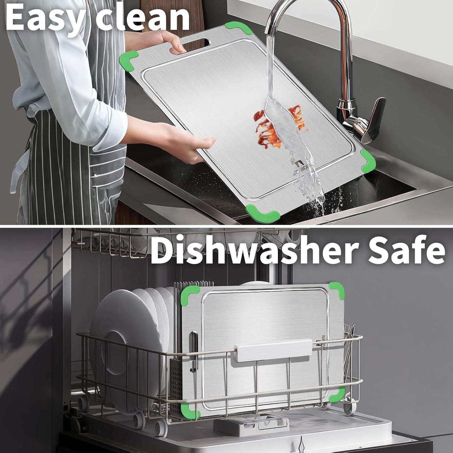 100% Pure Titanium Cutting Board with Grooves, Update Double Side Titanium Chopping Board, Silicone Anti-slip Stainless Cutting Boards for Kitchen 11 * 15 IN, Green