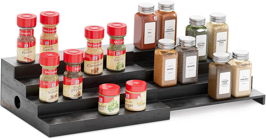 SpaceAid Bamboo Spice Rack Organizer for Cabinet, Kitchen Pantry Spices Storage Rack for Cabinets Organization, Home Seasoning Tiered Can Goods Racks Wood Shelf Organizers (4 Tier, Black)