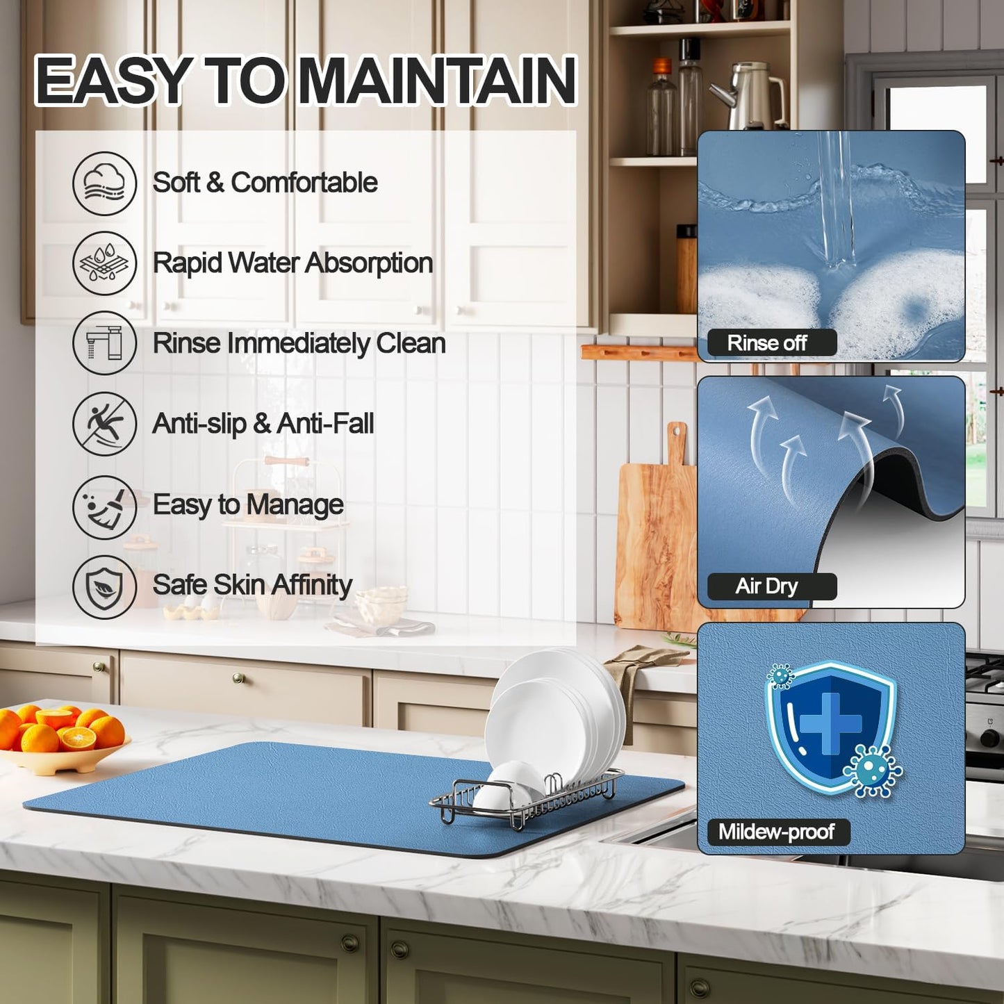 Dish Drying Mat for Kitchen Counter | Coffee Bar Mat for Countertops | Heat Resistant Drainer Mat with Non-slip Rubber Backed | Hide Stain Kitchen Absorbent Draining Mat | Blue 18"x32"