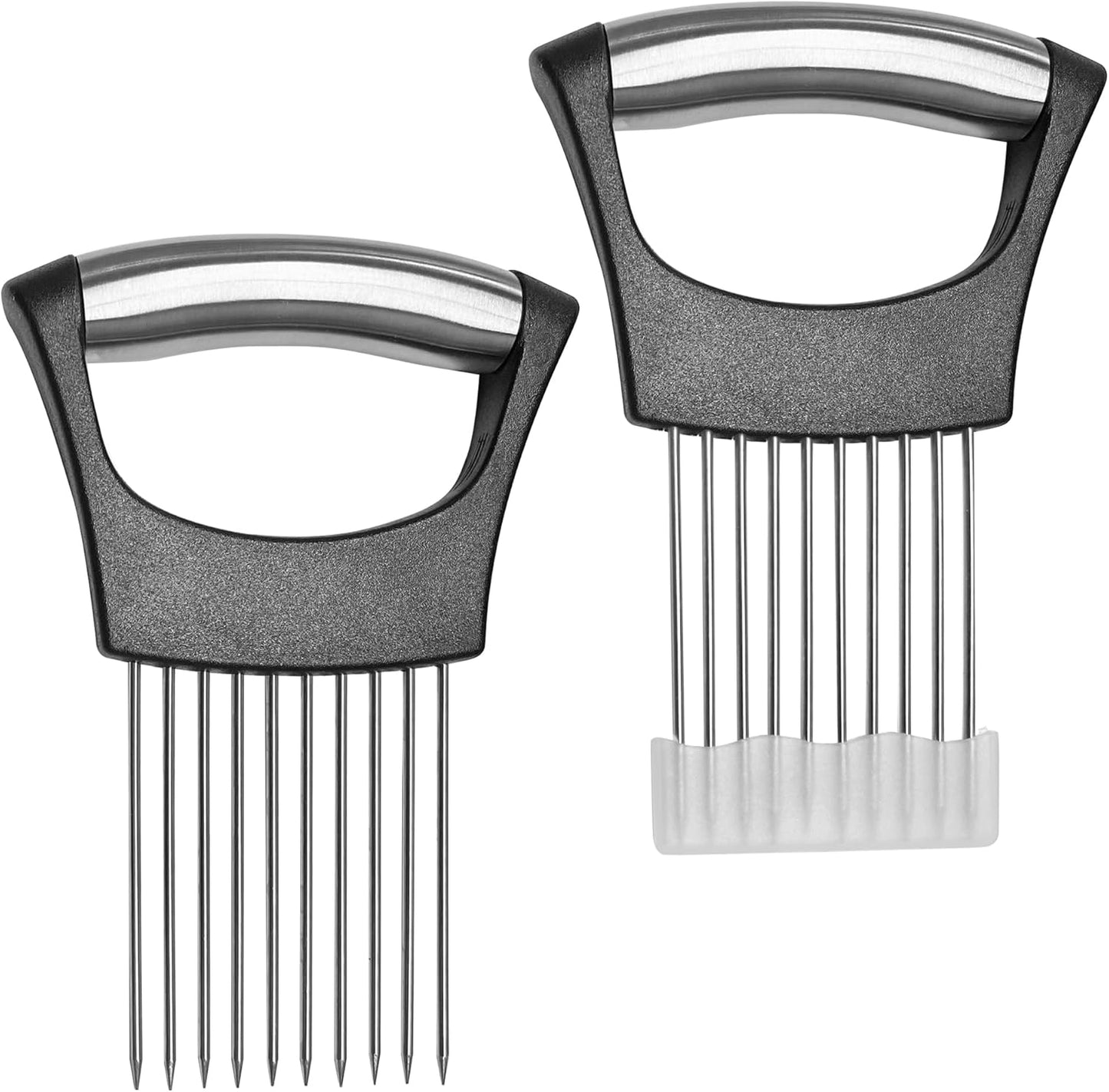 2 Pcs Onion Slicer holder, Premium Vegetable Slicing Tool for Potato and Tomato, Food Cutter Assistant Tool for Slicing Fruit Lemon and Meat, Stainless Steel Kitchen Tool (Black)