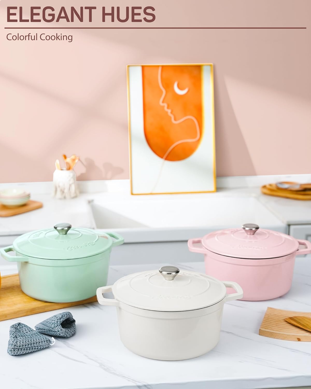 6 QT Dutch Oven Pot with Lid, Enameled Cast Iron Dutch Oven for Bread Making, Braiser, Cooking, Dual Handles, Oven Safe up to 500° F or on Stovetop, Gifts for Family - Pink