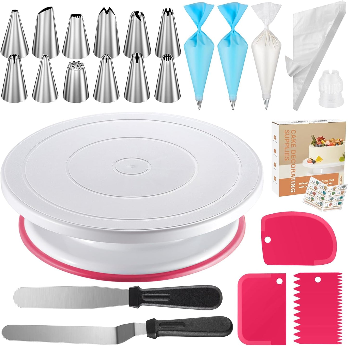 Kootek 71PCs Cake Decorating Kit, Baking Supplies Tools - Includes Cake Stand Turntable, 12 Icing Piping Tips, 2 Frosting Spatulas, 3 Scrapers, 50+2 Piping Bags, Coupler, Video Tutorial, Booklet