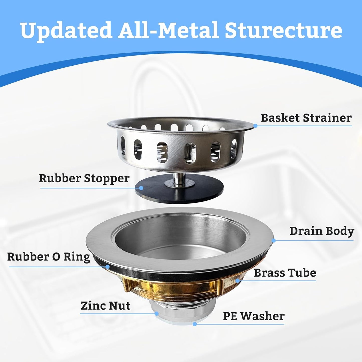 Metal World BS10101BN-4P Post Style Sink Strainer, 3-1/2" Metal Kitchen Strainer, Cast Brass Body Basket Strainer, Strainer with Stainless Steel Basket, Brushed Nickel Finish 4 Pack