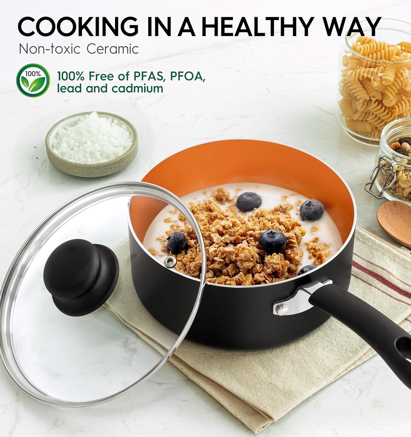 MICHELANGELO Nonstick Sauce Pan with Lid, 1QT & 2QT Ceramic Saucepan Set with Steamer, Small Copper Saucepans Set, Multipurpose Sauce Pots for Cooking, PFAS-FREE, Dishwasher Safe