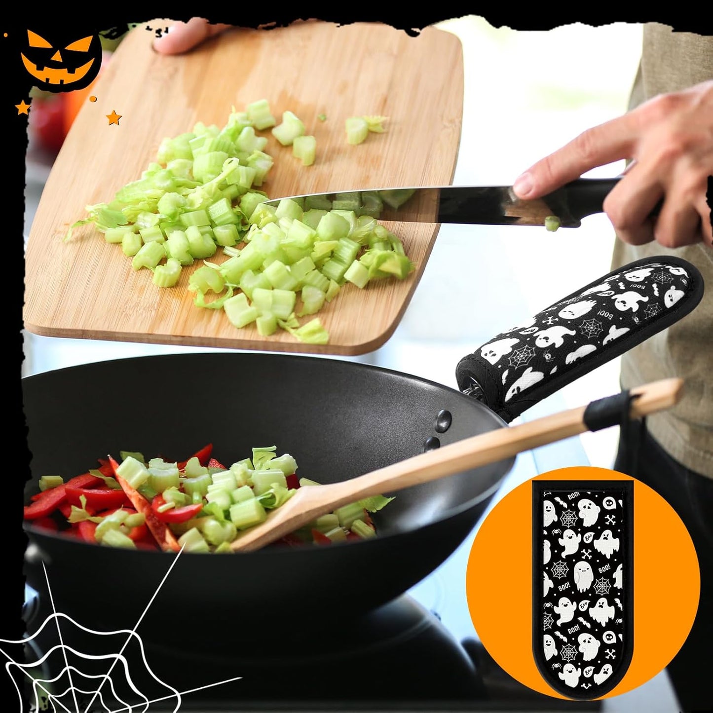 Patelai 8 Pieces Halloween Cast Iron Skillet Handle Covers Pan Handle Holder Sleeve Heat Resistant Non Slip Skillet Pot Holders for Halloween Kitchen Cooking BBQ Baking Cookware, 8 Scary Styles